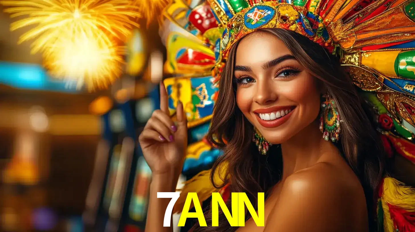 Mulher sorridente com um cocar de carnaval vibrante e colorido, celebrando uma grande vitória nos jogos do cassino 7ANN com fogos de artifício ao fundo.