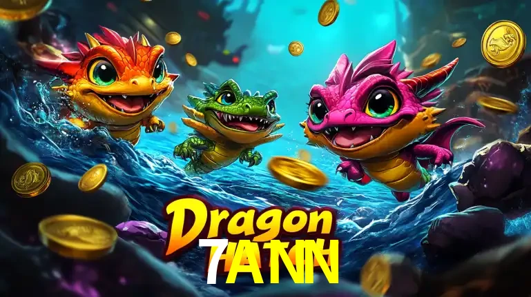 Arte promocional do jogo Dragon Hatch com três adoráveis dragões bebês nadando entre moedas de ouro, um dos slots mais divertidos para jogar no cassino 7ANN.