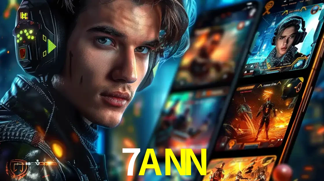 Jovem jogador com fones de ouvido olhando para a câmera, com um aplicativo de jogos e e-sports para celular ao fundo, pronto para a competição e apostas no 7ANN.