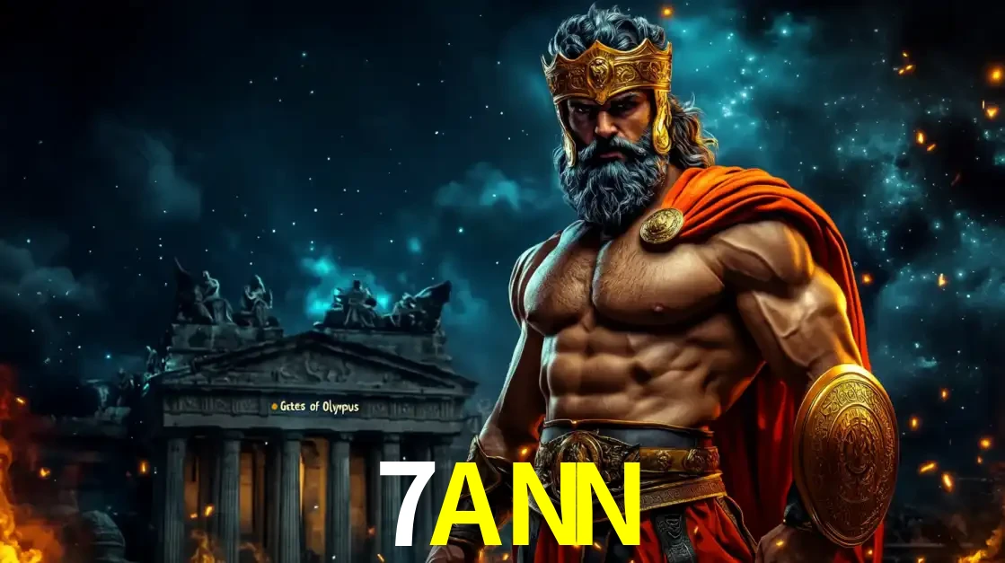 O poderoso Zeus do jogo de slot Gates of Olympus em frente ao seu templo, pronto para lançar multiplicadores divinos e prêmios épicos no cassino online 7ANN.