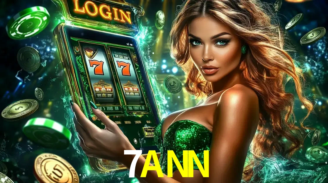 Mulher com tema verde apresentando o aplicativo do cassino 7ANN com um jogo de slot de 777, cercada por fichas de cassino e uma aura de sorte.