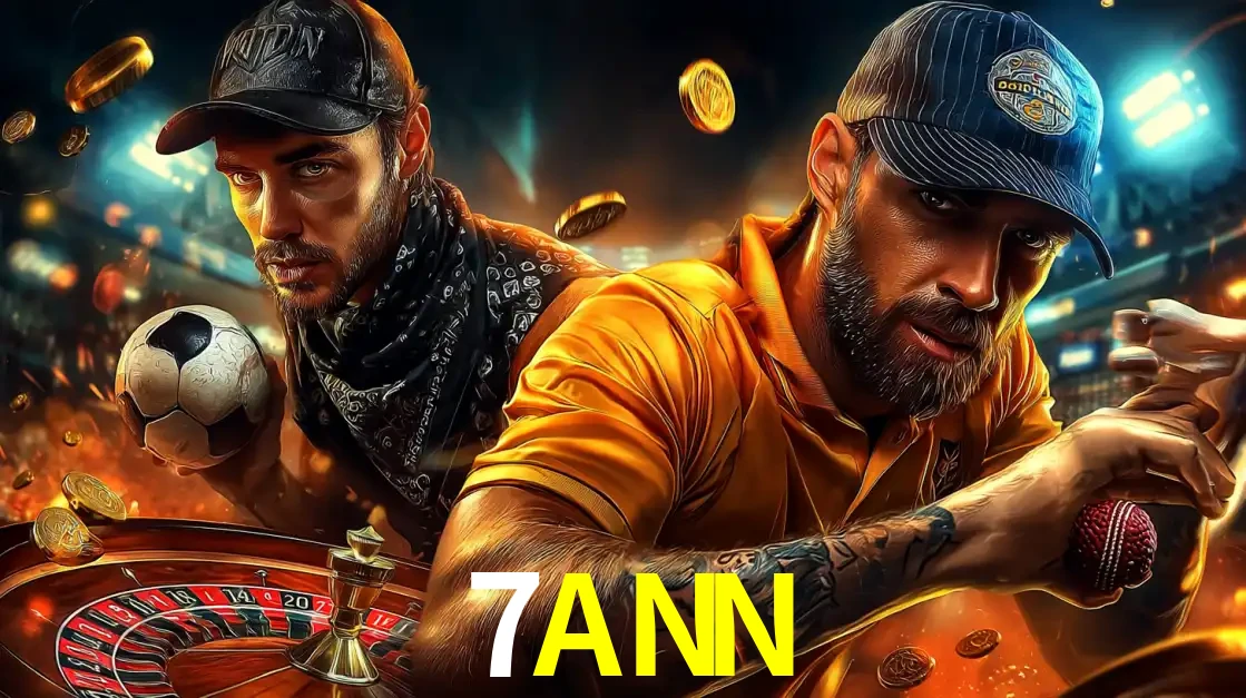 Montagem de apostas esportivas e cassino no 7ANN, com um homem segurando uma bola de futebol e outro uma de beisebol sobre uma roleta e moedas voadoras.