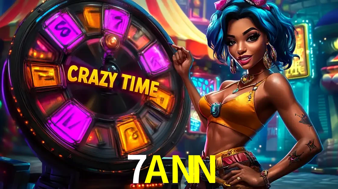 Mulher estilizada com cabelo azul e visual vibrante posando ao lado da roda de prêmios do game show Crazy Time, convidando para a diversão e os bônus do cassino 7ANN.