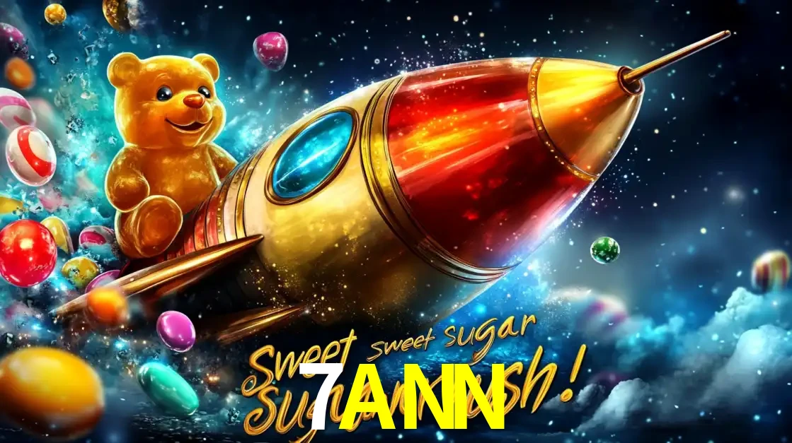 Arte promocional do jogo de slot Sugar Rush, com um urso de pelúcia em um foguete viajando pelo espaço de doces, um dos jogos divertidos disponíveis no cassino 7ANN.