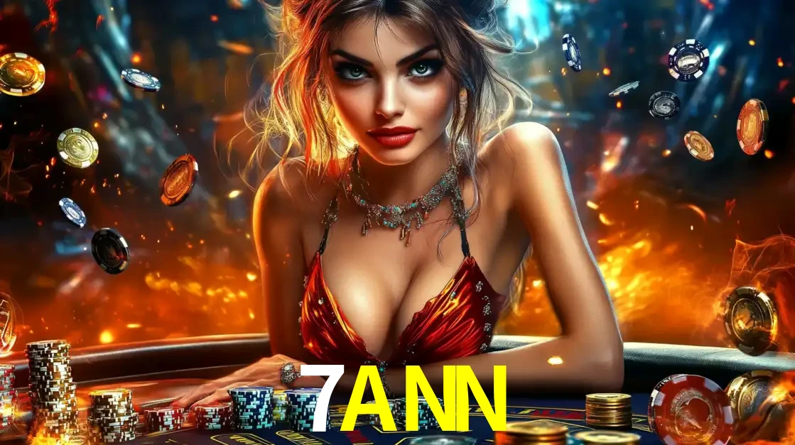 Mulher em uma mesa de cassino com pilhas de fichas e um fundo de fogo, pronta para uma rodada de altas apostas nos jogos de mesa emocionantes do cassino 7ANN.