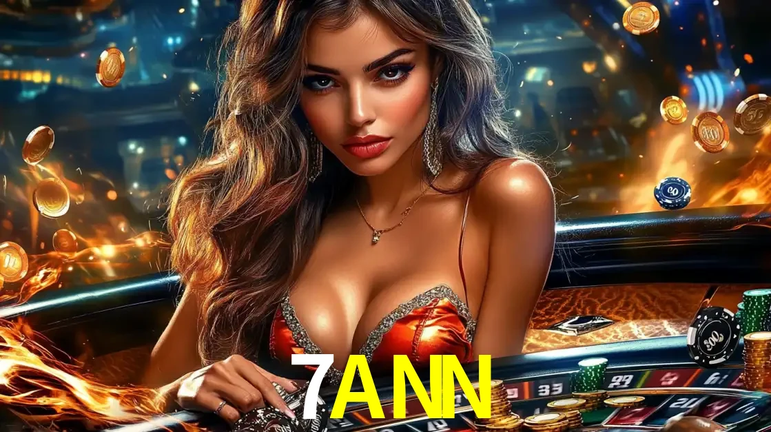 Mulher glamourosa em uma mesa de roleta com um fundo de chamas e moedas voadoras, pronta para fazer sua aposta e ganhar grandes prêmios no cassino ao vivo 7ANN.