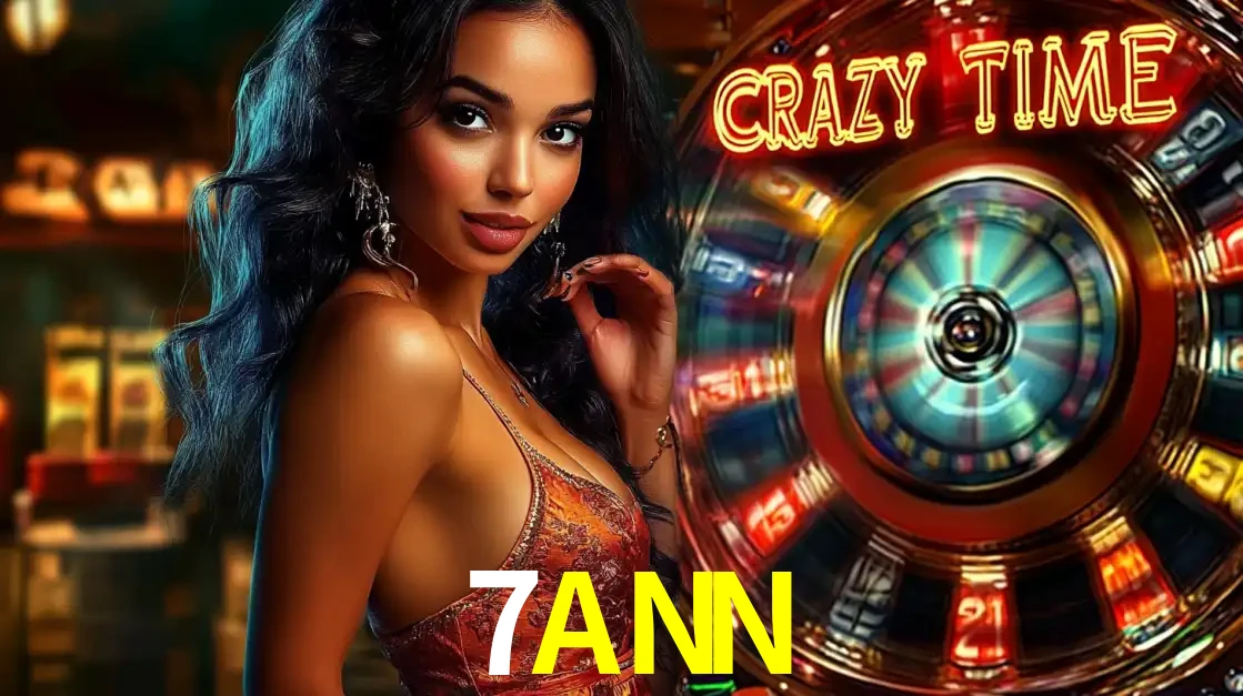 Mulher elegante ao lado da vibrante roda da fortuna do jogo de cassino ao vivo Crazy Time, um dos game shows mais populares e cheios de prêmios do 7ANN.