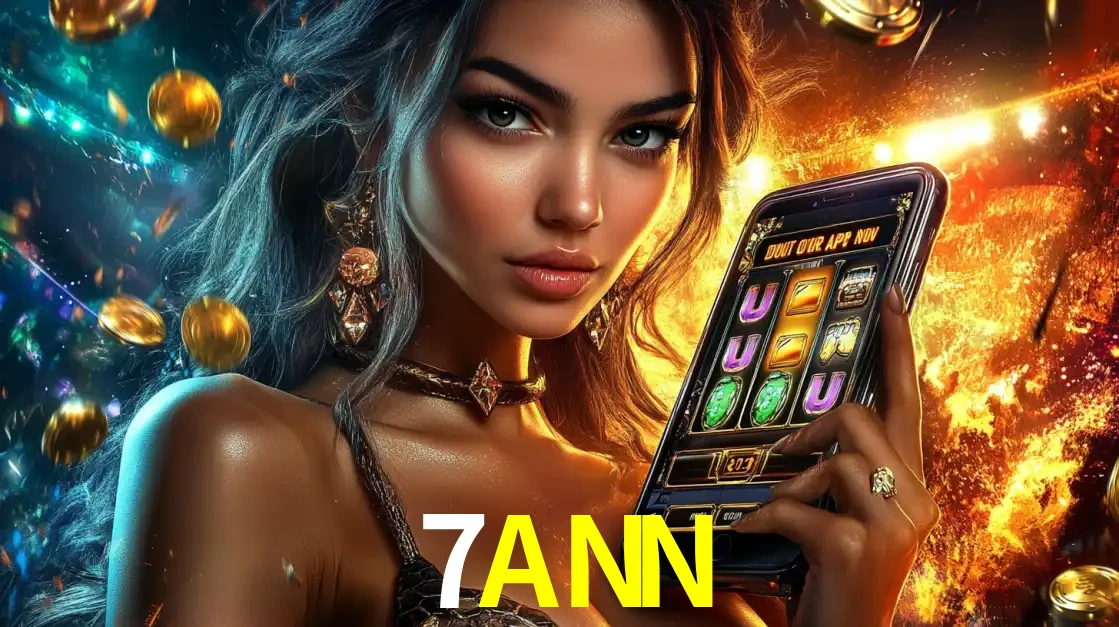 Mulher elegante mostrando um jogo de caça-níqueis em seu smartphone, destacando a experiência de cassino móvel oferecida pelo aplicativo 7ANN.