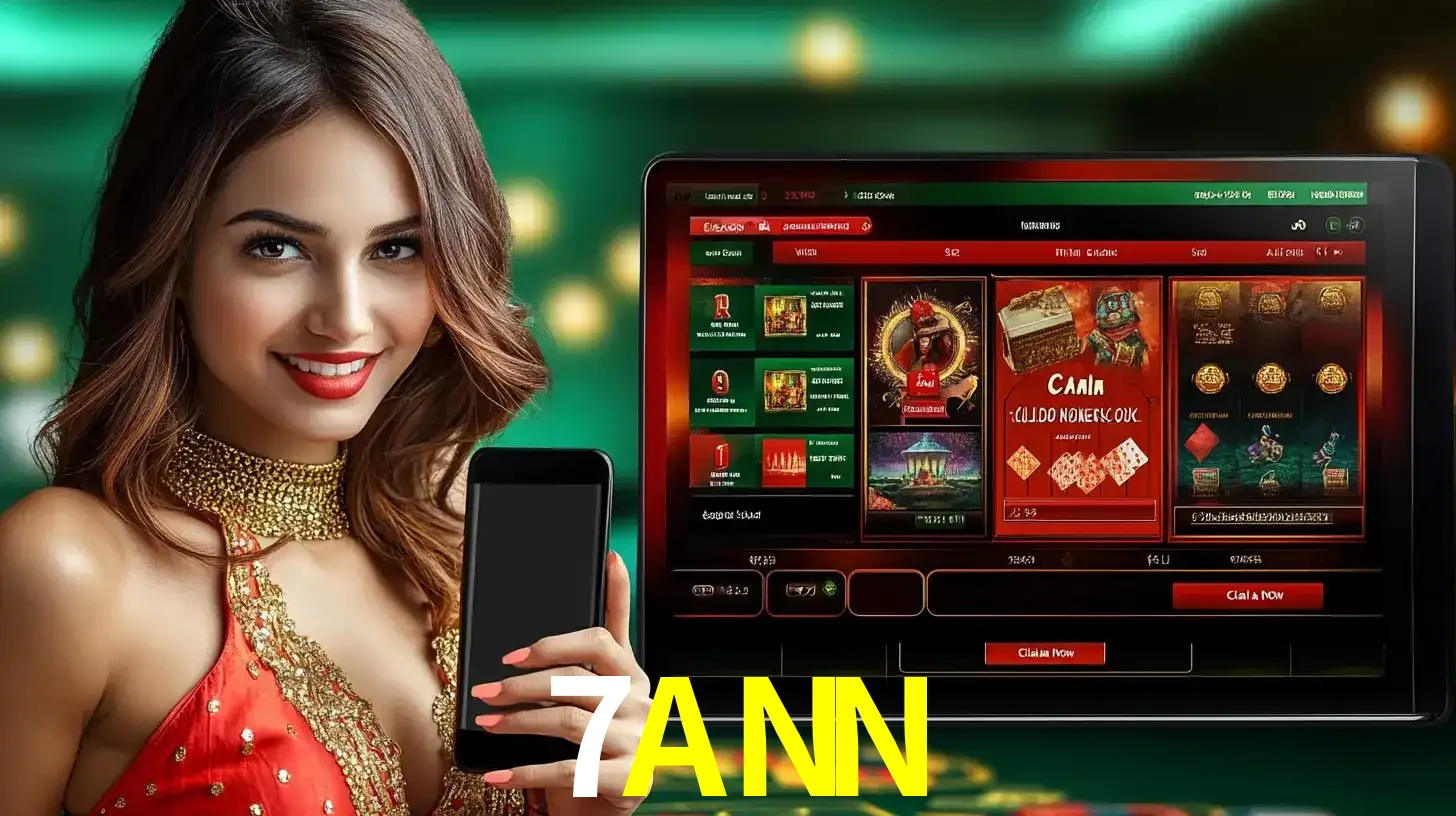 Mulher sorridente segurando um smartphone, ao lado de uma tela exibindo o lobby de jogos do cassino online 7ANN, com várias opções de jogos de cartas e slots.